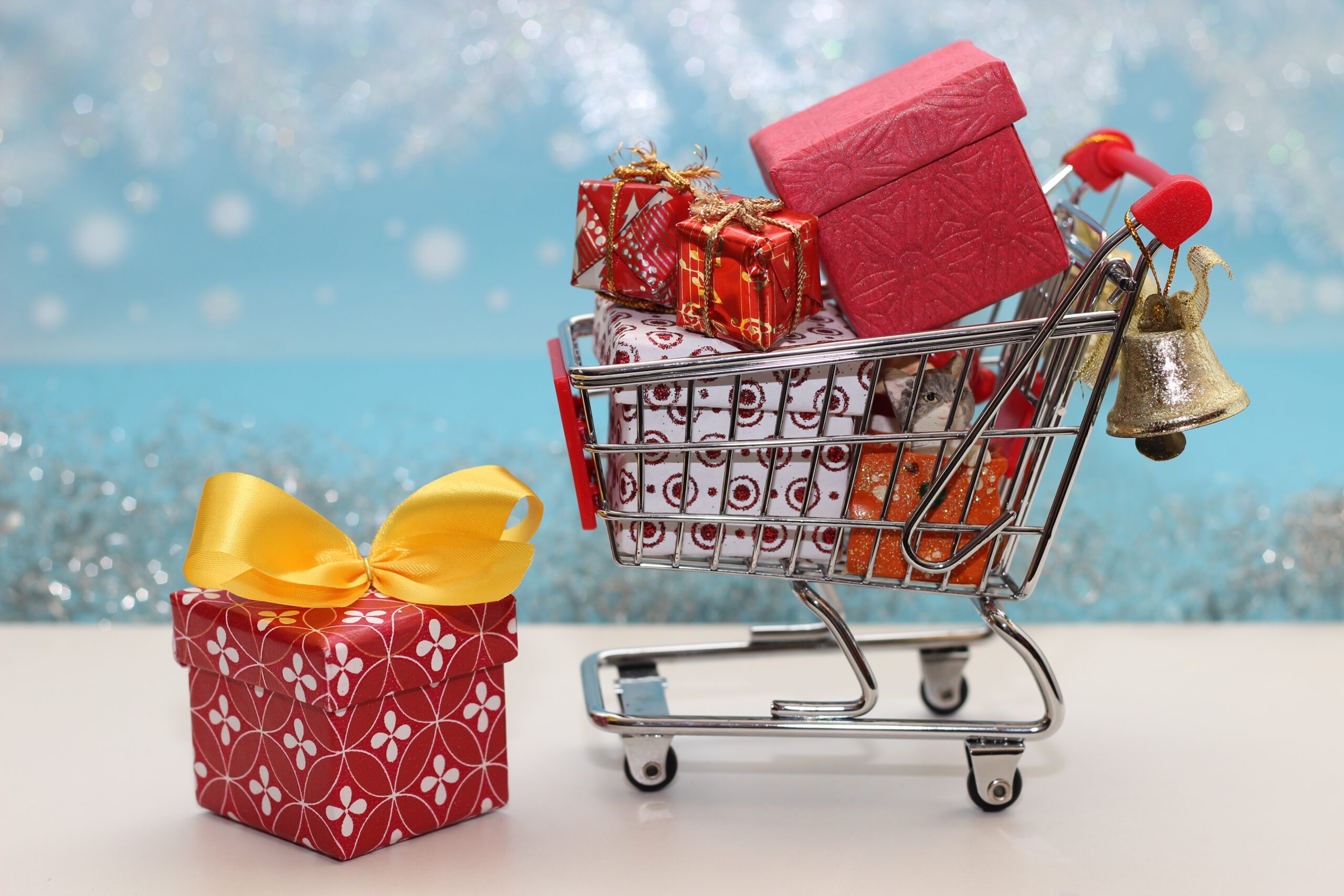 shopping cart with Christmas stuff inside