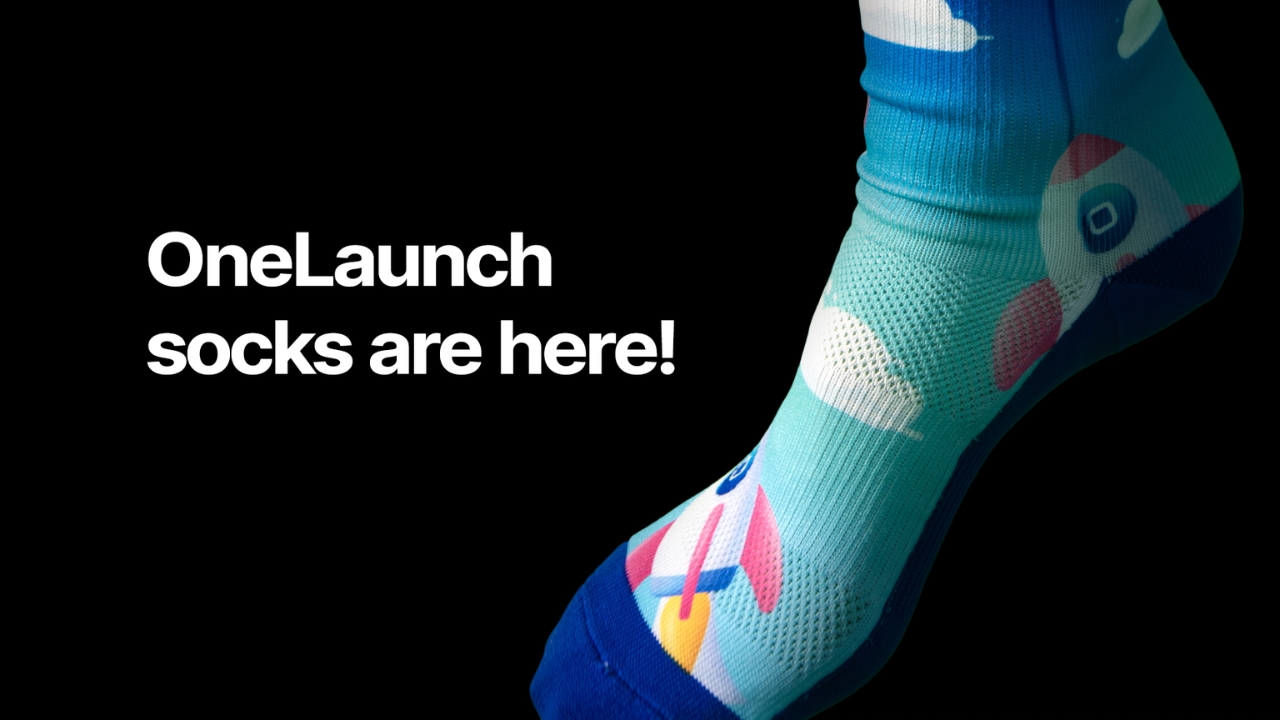 Image of the OneLaunch's free socks! Rocket ships and clouds.