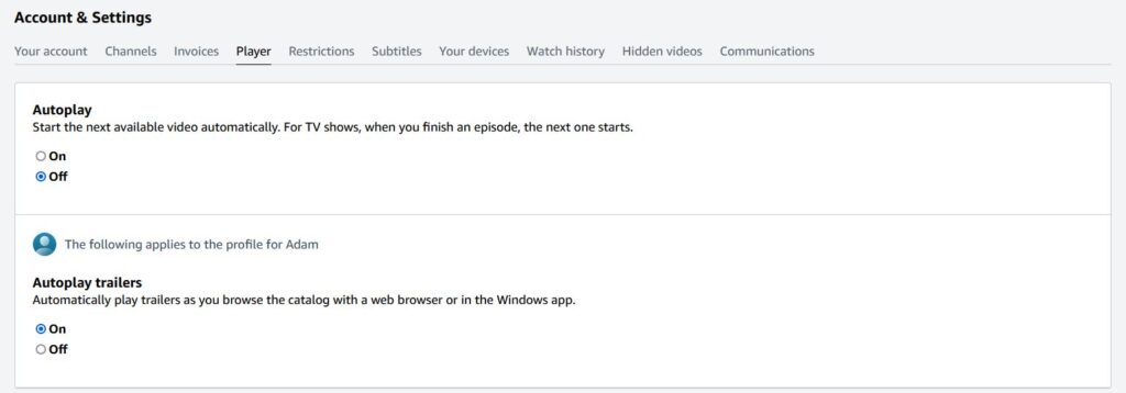 account and settings and the stop autoplay on amazon prime feature under Player tab.