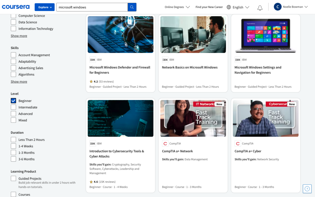 coursera dashboard showing microsoft windows courses for beginners