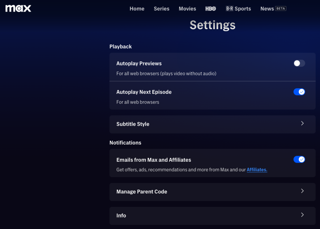 hbo max toggle switch for autoplay previews and autoplay next episode