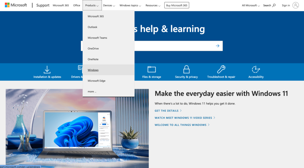 microsoft support learning center landing page