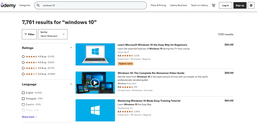 udemy search results for windows 10 tutorials