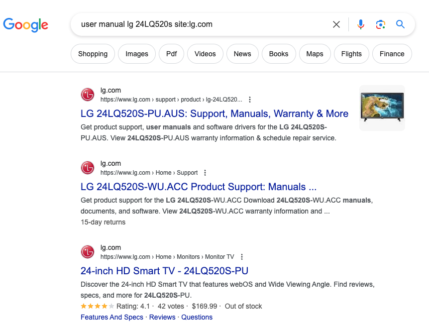 Google results of a search for LG smart tv user manual on the LG site, using a site-colon search.