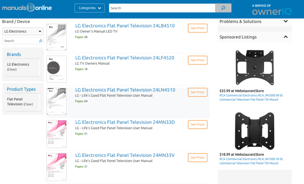 Manuals Online lets you search by brand name, product type and then model number.